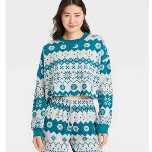Colsie Blue White Snowflake Fair Isle Lounge Sweatshirt Womens Size S Winter